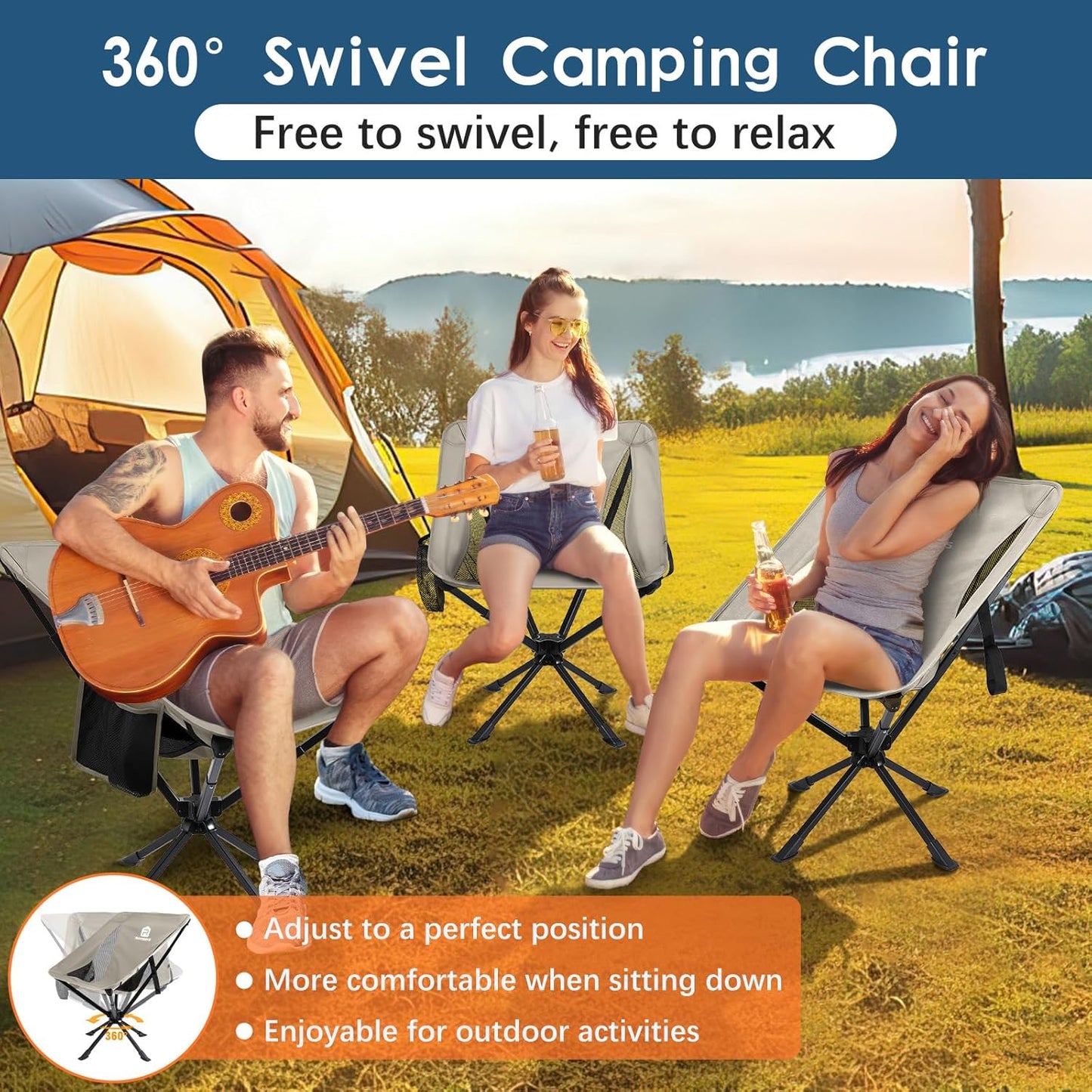 Raynesys Portable Camping Chair 1 Pack, 8 Seconds Quick Setup Folding Camping Chair, Flexible 360° Rotation, 3.8Lb Lightweight Travel Chairs for Easy Carry to Hiking, Sporting, Beach, Khaki