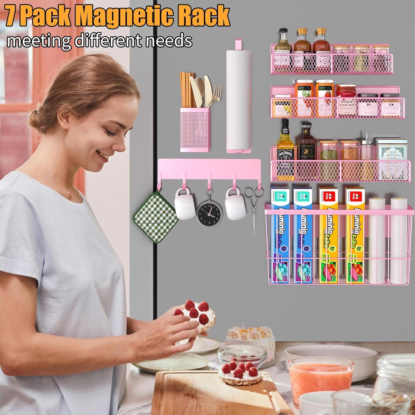 DTUQYX Magnetic Spice Rack for Refrigerator, 7 Pack Metal Magnetic Shelf, Moveable Magnetic Storage Fridge Organizer Pink, Spice Organizer, Hook Rack, Paper Towel Holder, Cutting Board Holder, HM5470