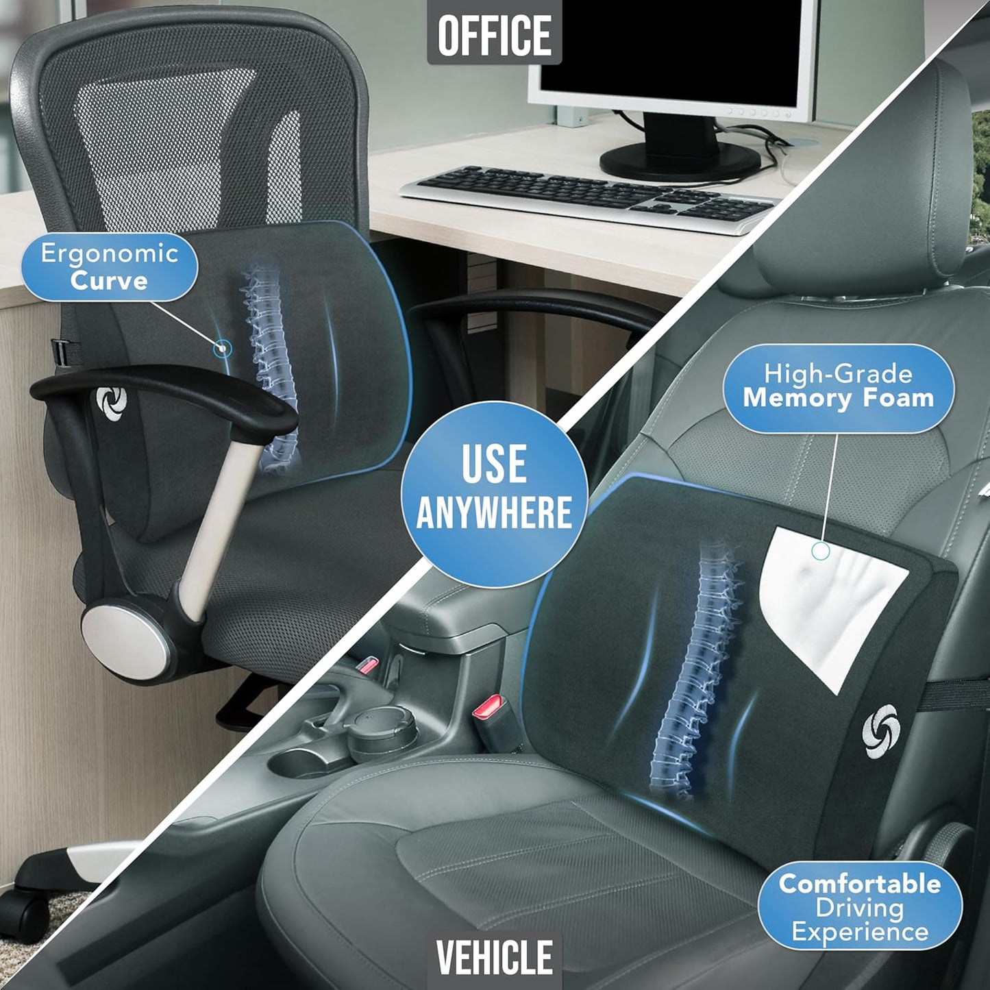 Samsonite Lumbar Support Pillow for Office Chair and Car Seat, Perfectly Balanced Memory Foam, Versatile Use Lower Back Cushion, Black Plush
