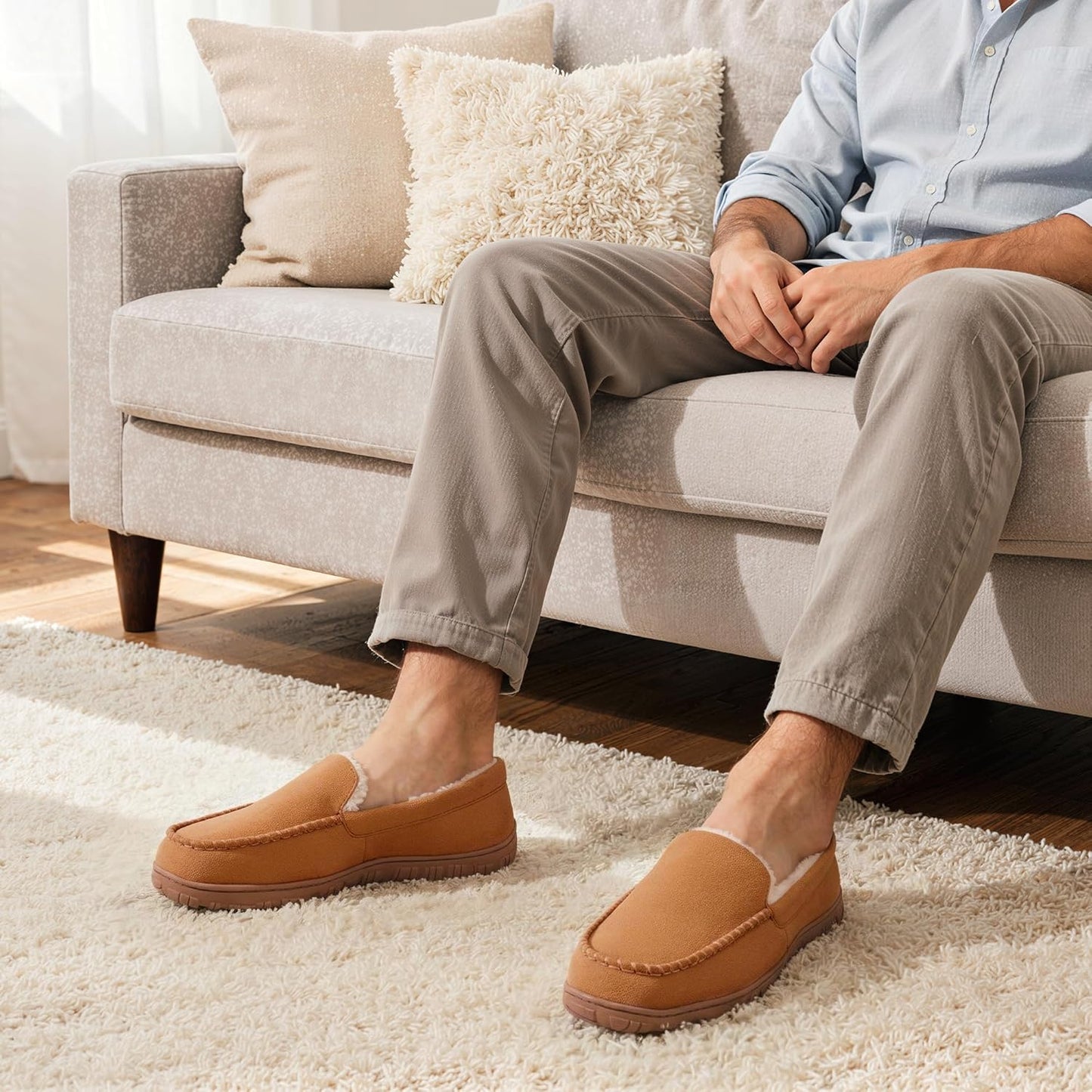 shoeslocker Men's Slippers Indoor Outdoor Warm Soft Plush Memory Foam House Slippers for Men Comfortable Bedroom Moccasin Slipper Non-Slip