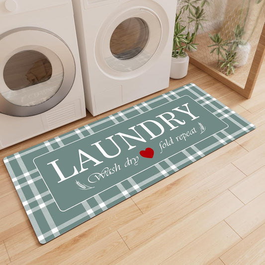 XLHOMO Laundry Room Rug Runner, 17"x47" Buffalo Plaid Non Slip Teal Laundry Rugs, Farmhouse Washable Floor Laundry Mats for Laundry Room, Mudroom, Kitchen, Washroom, Bathroom, Entryway Rugs Decor