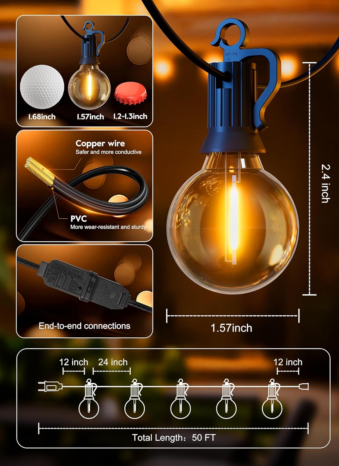 Brightown Outdoor String Lights, 50FT 25 G40 Bulbs Shatterproof Patio Lights, IP65 Waterproof Dimmable Hanging Connectable Globe LED Outdoor Lights for Christmas, Backyard, Bistro, Porch