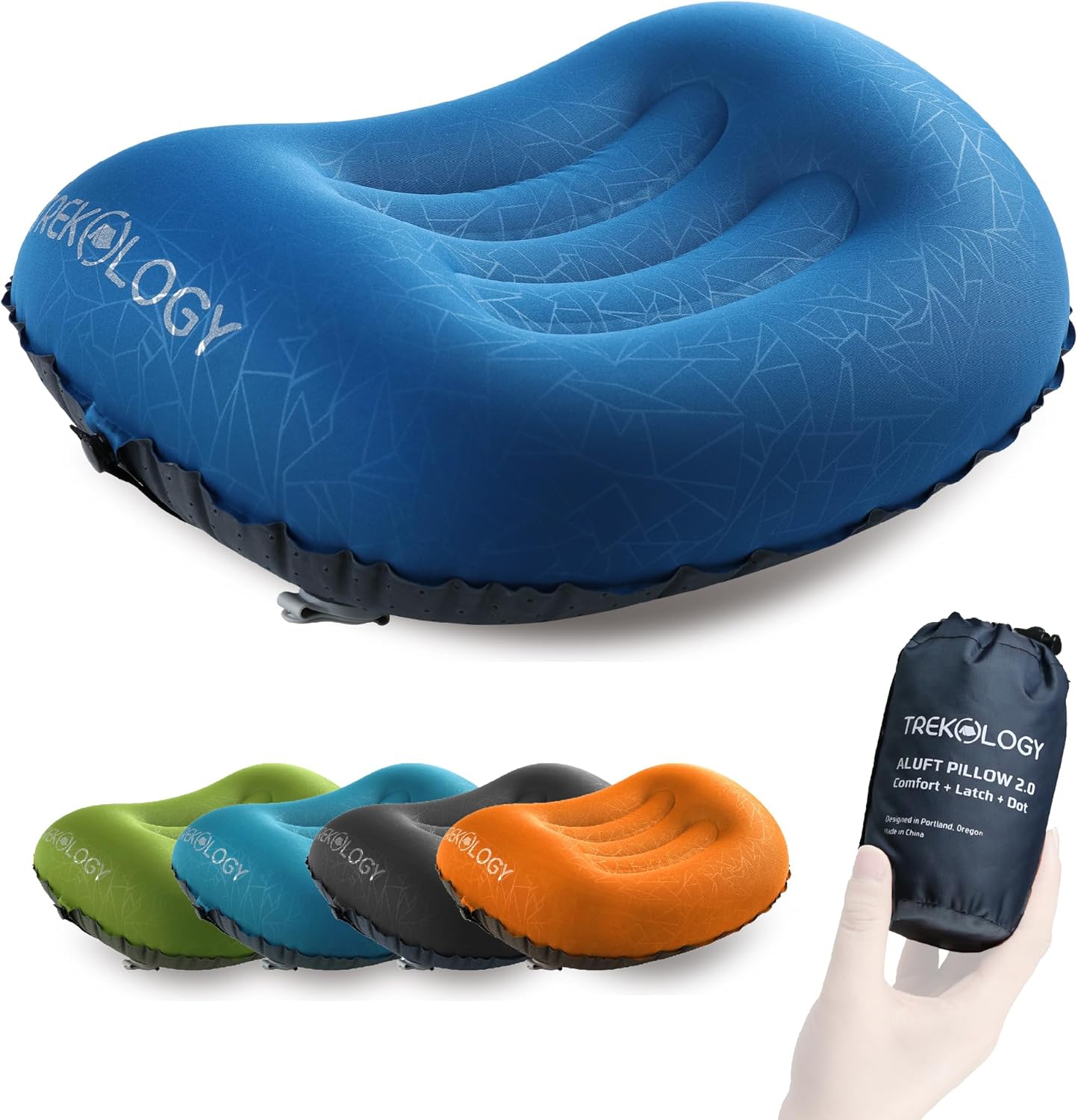 TREKOLOGY Ultralight Inflatable Camping Travel Pillow - ALUFT 2.0 Compressible, Compact, Comfortable, Ergonomic Inflating Pillows for Neck & Lumbar Support While Camp, Hiking, Backpacking
