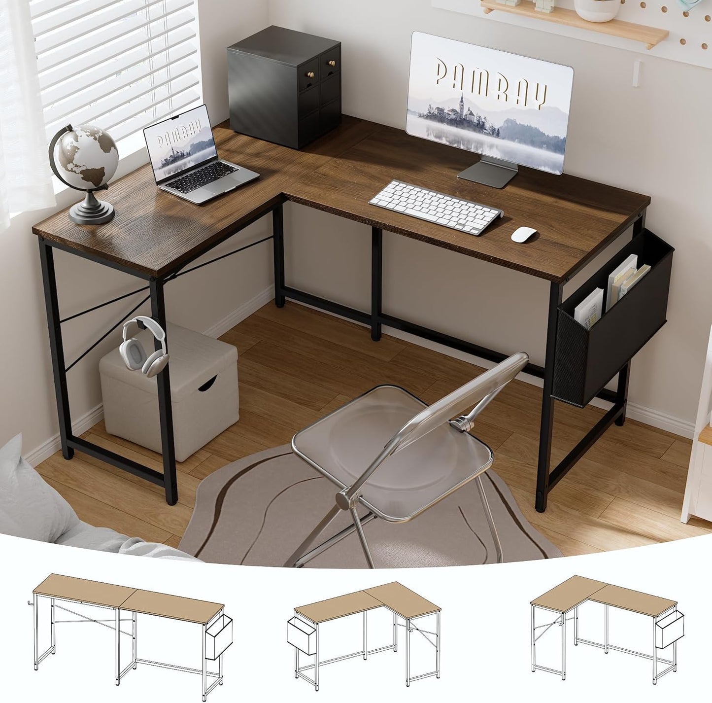 Pamray 47 Inch Reversible L Shaped Gaming Desk Corner Computer Desk with Storage Bag Home Office Table for Writing Study Brown