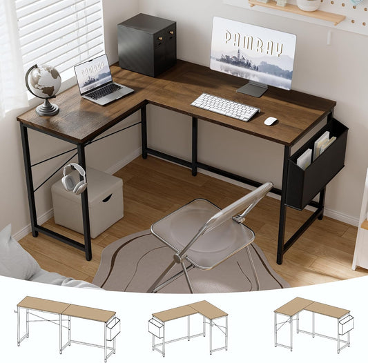Pamray 47 Inch Reversible L Shaped Gaming Desk Corner Computer Desk with Storage Bag Home Office Table for Writing Study Brown