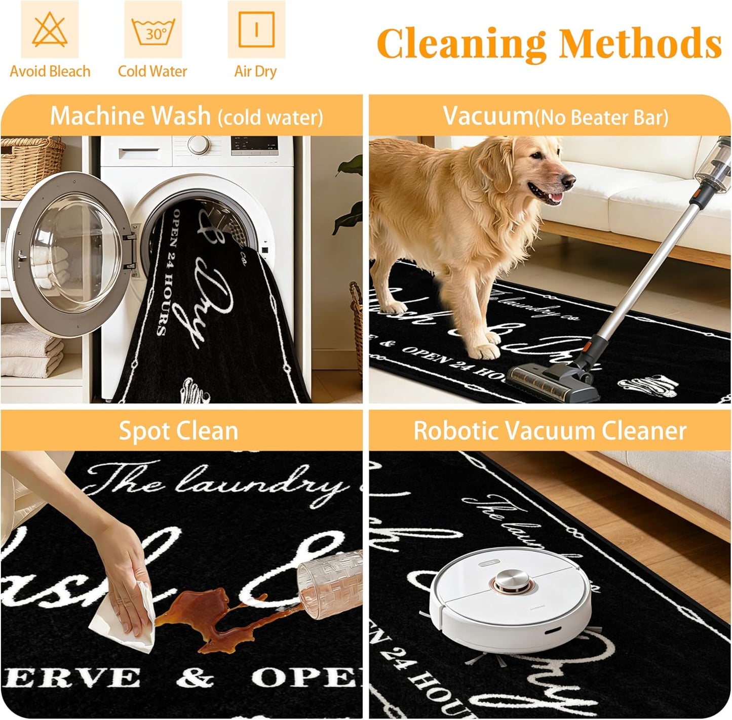 Washable Laundry Room Rug, 20"X47" Non Slip Laundry Mat Runner Soft Low-Pile Laundry Room Organization Farmhouse Decor Area Rug for Entryway Hallway Kitchen Bathroom Black