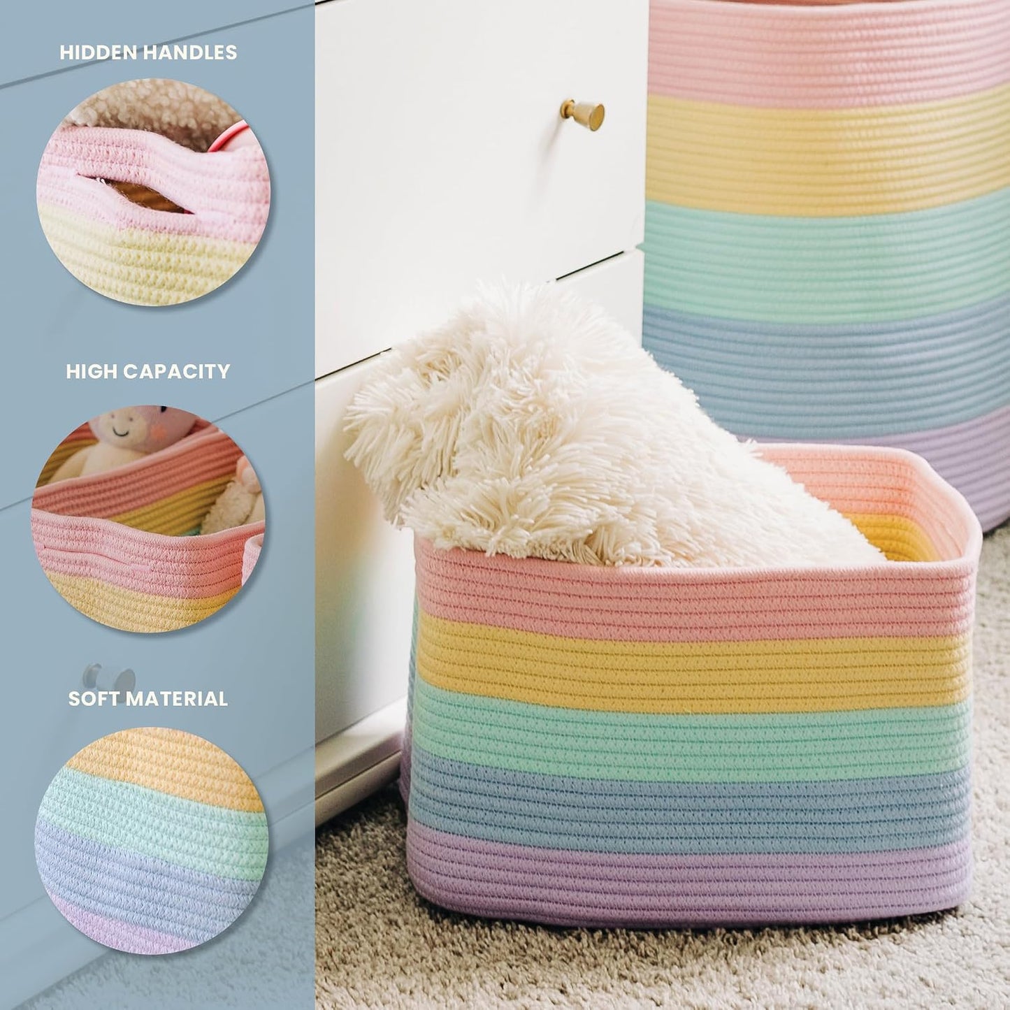 OrganiHaus Rainbow Baskets for Shelves, Set of 3, 15x9x10 | Colorful, handwoven cotton rope; a toy bin for playroom, classroom, or girls' room decor; great for nursery too