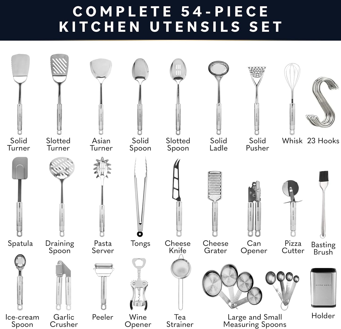 Home Hero 54-Piece Stainless Steel Kitchen Utensils Set - Heat-Resistant Nonstick Silicone & Stainless Steel Cooking Utensils - Complete Tools with Slotted Spoon & Pasta Spoon - Pack of 54, Silver