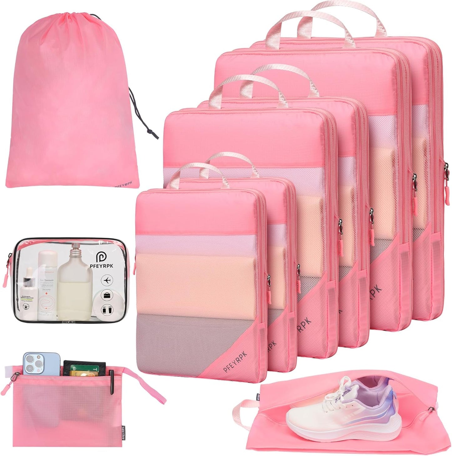 PFEYRPK Lightweight Compression Packing Cubes for Suitcases, Compressible Expandable Travel Packing Organizer with Clear Toiletries and Backpack Bag, Travel Essentials for Carry on Luggage 7 Set
