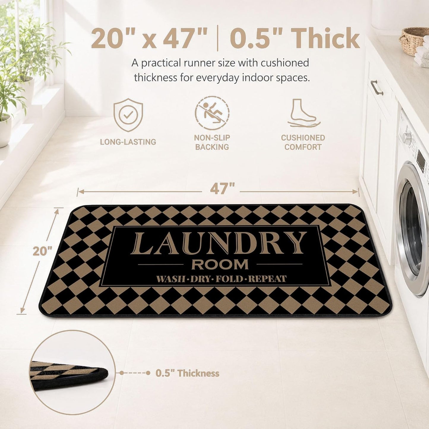ROMAMIGO Laundry Room Rug Runner Non Slip Laundry Mats Mudroom Runner Laundry Room Decor Accessories Farmhouse Kitchen Floor Mat (Black Beige Checkered, 20 X 47 inch)