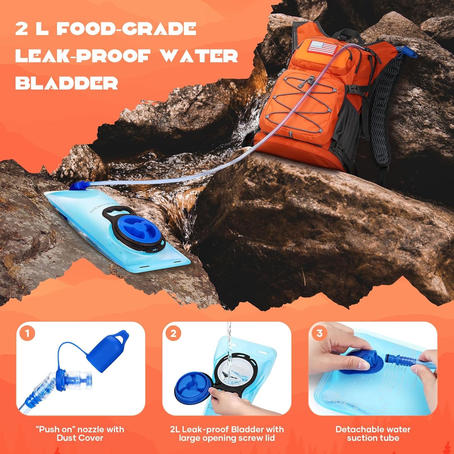 Maelstrom Hydration Hiking Backpack with 2L/3L Water Bladder, High Flow Bite Valve Water Backpack for Men Women Lightweight Insulation for Hiking, Cycling, Running, Climbing, Camping