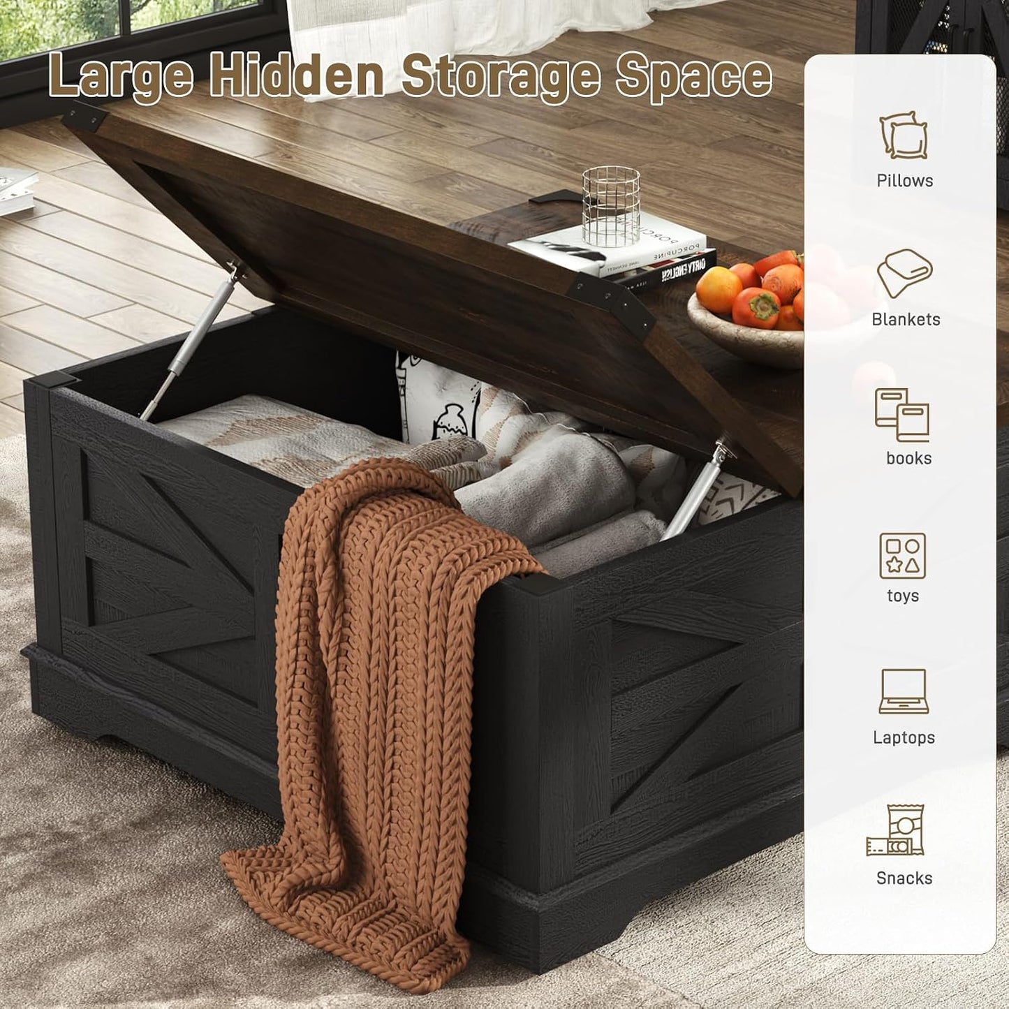 Hlivelood 36" Farmhouse Movable Lift Top Coffee Table with Storage and Power Outlets, Square Wood Living Room Tables with Wheels&Large Hidden Space, Lift Wooden Barn Door Center Table, Black