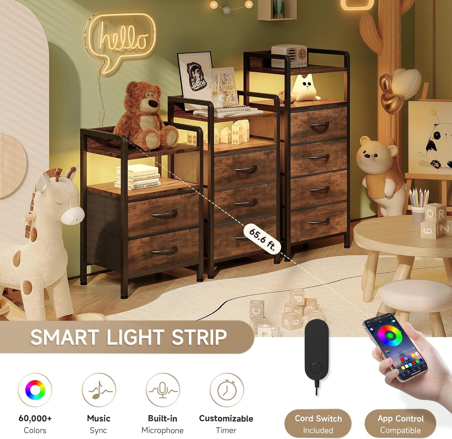 Lazzanto Night Stand Bedside Table Bedroom - Nightstand with Charging Station, Night Stand with LED Light Strip, End Table with U-S-B Ports & AC Outlets, Storage Shelf & 2 Fabric Drawers, Rustic Brown