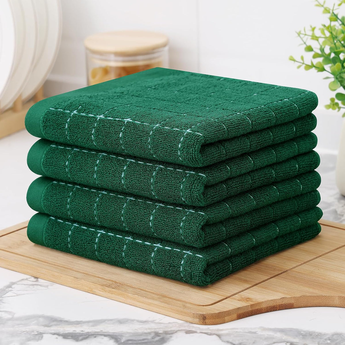 Homaxy 100% Cotton Terry Kitchen Towels, 4 Pack, Dark Green
