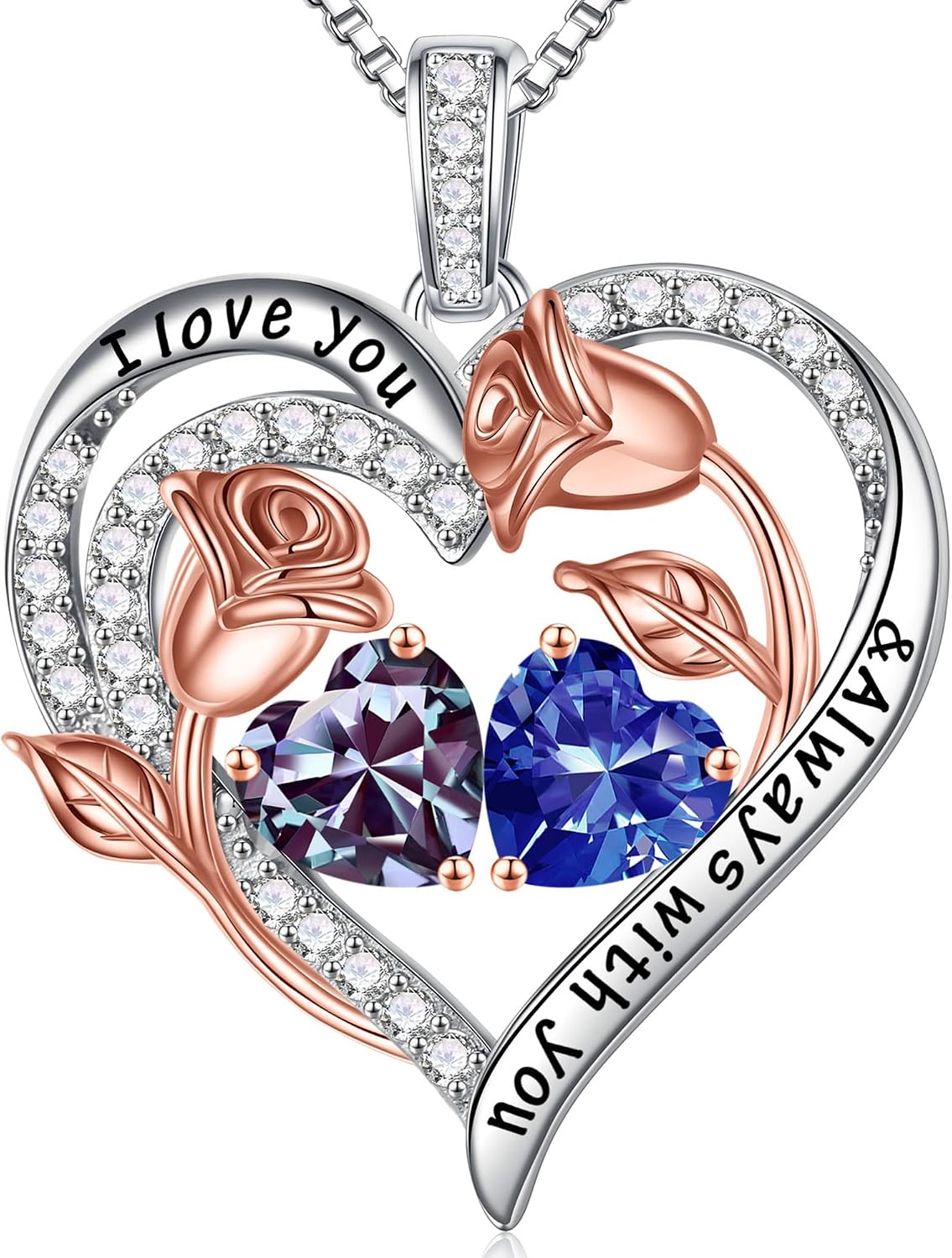 Iefil Birthstone Necklace for Women - Rose Heart Necklace