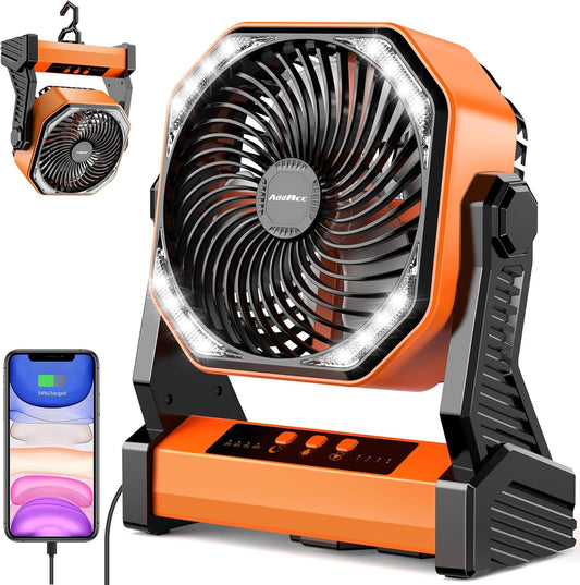20000mAh Battery Powered Camping Fan, 58Hrs Rechargeable Portable Fan, 400LM Light, 360° Hook, Whisper Quiet Battery Operated Fan for Outdoor Car Travel Gear Essentials Power Outages Co-brand AMACOOL