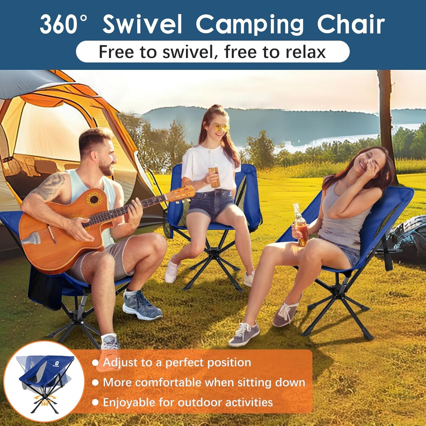 Raynesys Portable Camping Chair 1 Pack, 8 Seconds Quick Setup Folding Camping Chair, Flexible 360° Rotation, 3.8Lb Lightweight Travel Chairs for Easy Carry to Hiking, Sporting, Beach, Blue