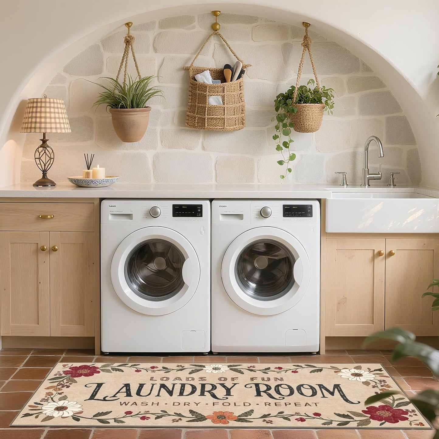 Laundry Room Rug 20"x47" – Low-Profile Boho Non-Slip Runner Rug with TPE Backing, Durable Washable Soft Laundry Mat, Comfortable Floor Mat for Laundry Room Organization, Fits Washer Front, Kitchen Mat