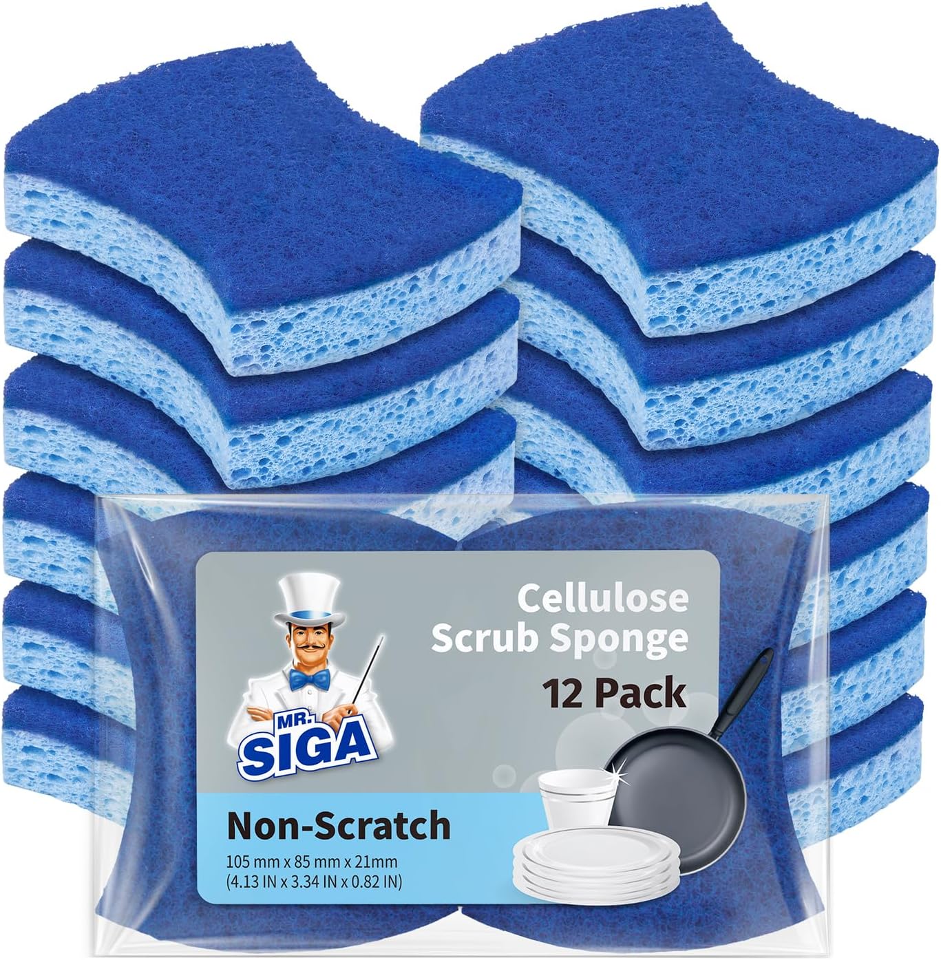 MR.SIGA Non-Scratch Cellulose Scrub Sponge, Dual-Sided Dishwashing Sponge for Kitchen, 12 Pack