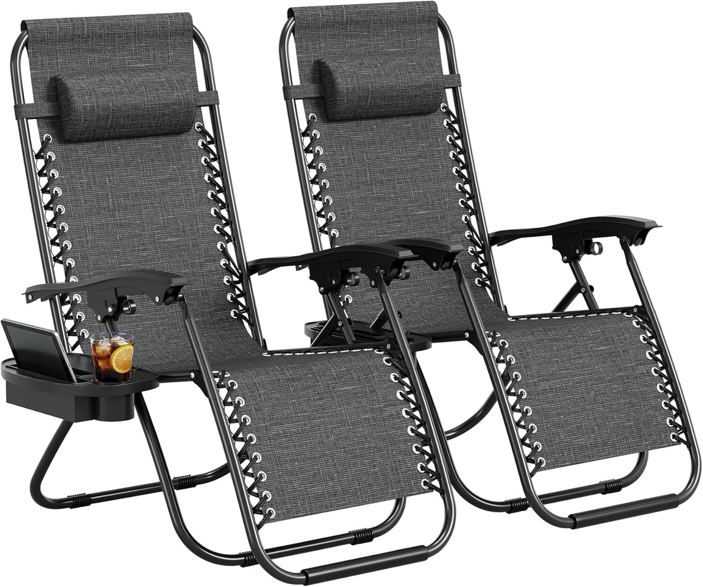 Garvee Zero Gravity Chair Set of 2, Patio Lounge Chair Outdoor with Pillow & Cup Holder Tray, Adjustable Reclining Chair, Folding Portable Camping Chair for Deck, Beach, Yard, Garden - Gray