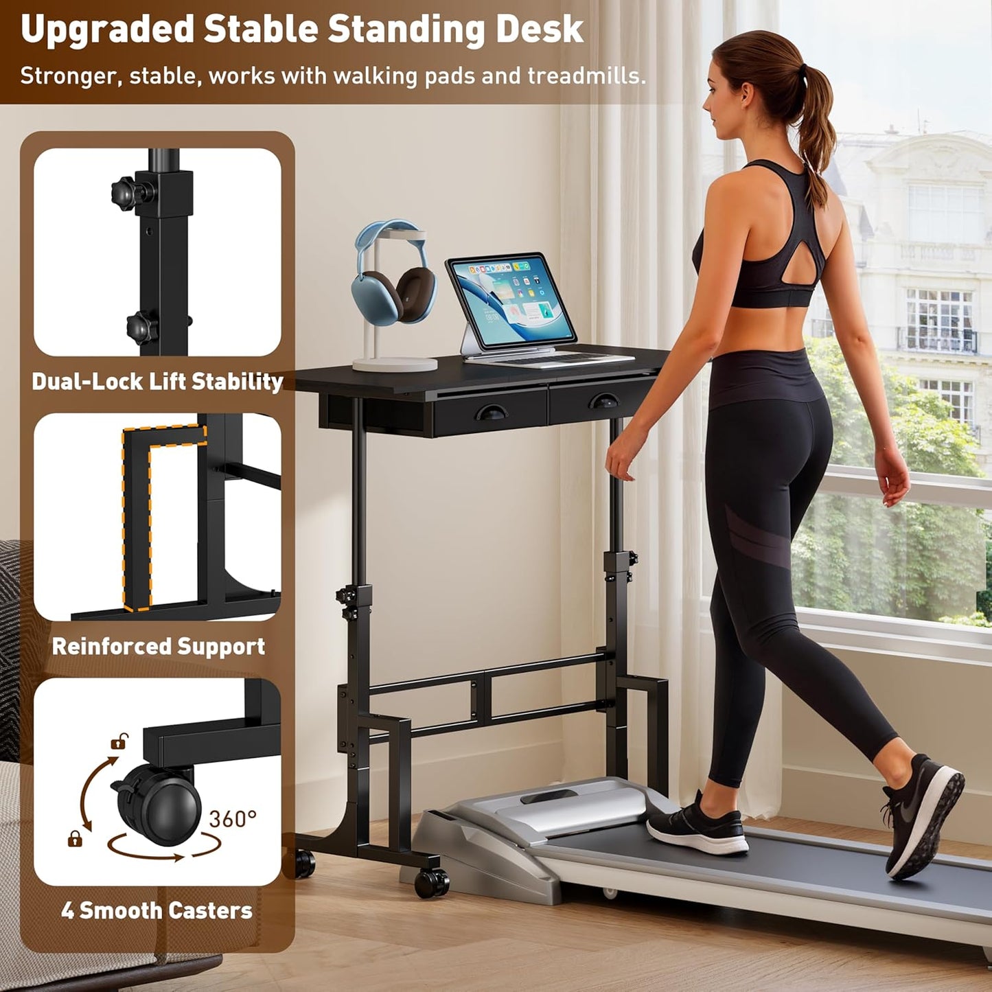 Jsskeeim Adjustable Standing Desk with Drawers, Rolling Sit Stand Desk with Wheels for Walking Pad, Small Mobile Computer Desk for Home Office, Portable Height Adjustable Desk 31.5"-43.3", Black