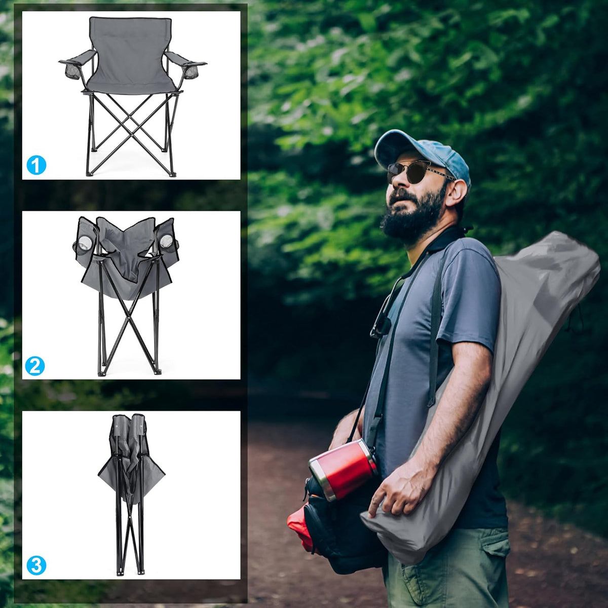 HaSteeL Camping Chair for Adults, Folding Beach Chair Set of 2, Large Foldable Portable Chair for Outdoors Fishing, Hiking, Sporting, Travel, Picnic, Lawn, Hold 275lbs & A Storage Bags (Grey)