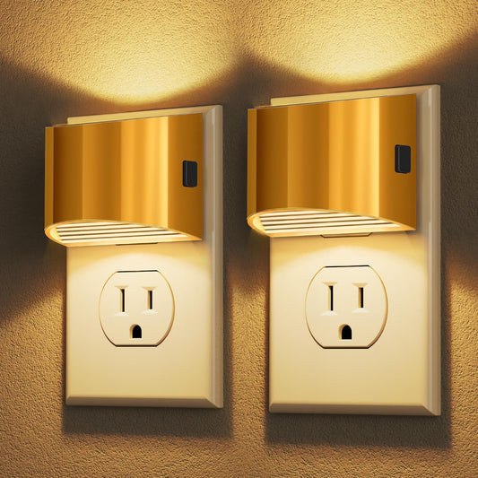DORESshop LED Night Light[2 Pack], Golden Night Lights Plug into Wall, 3 Level Brightness Adjustable Plug in Night Light, Dusk to Dawn Sensor, Nightlights for Adults, Bedroom, Bathroom, Hallway, 3000K