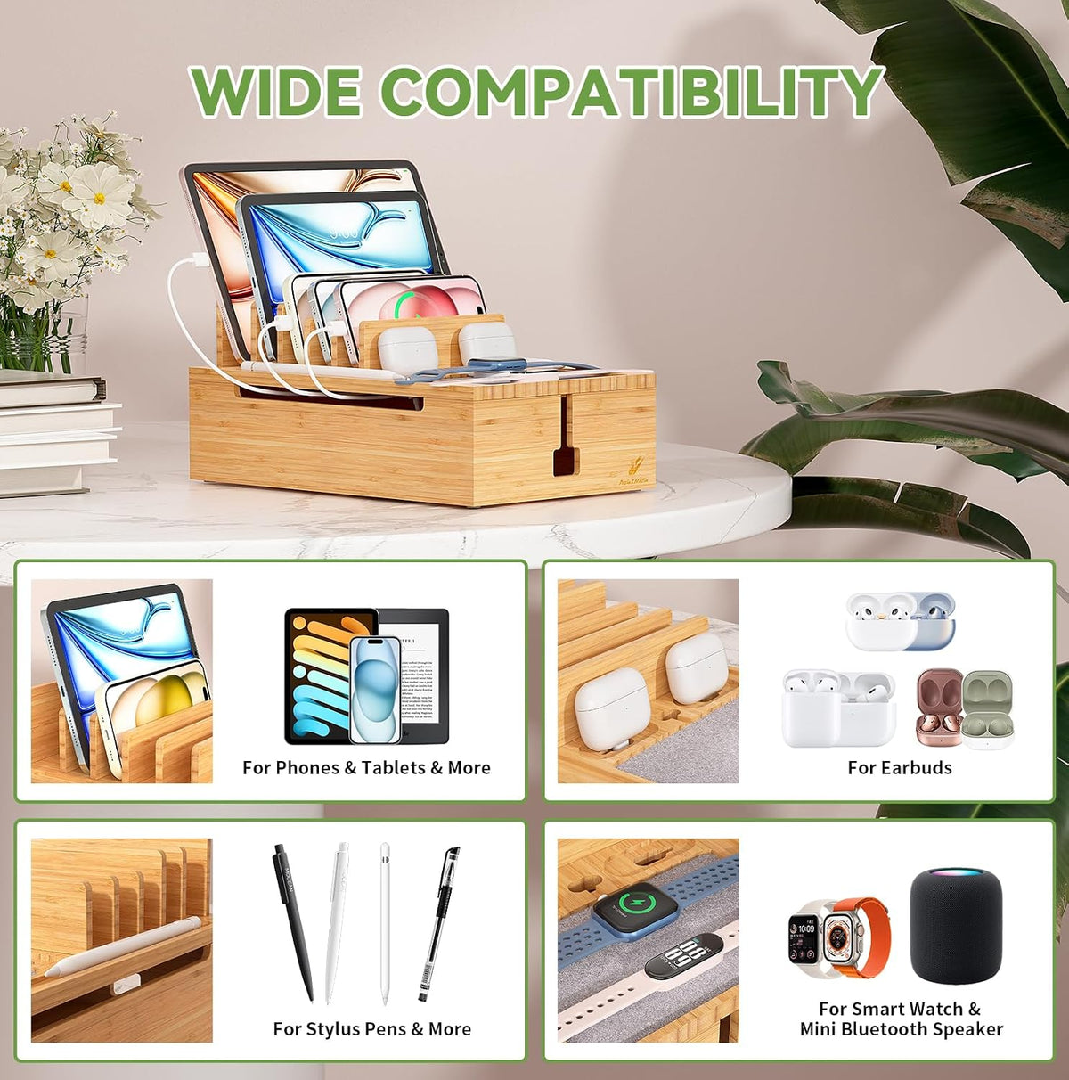 Pezin & Hulin Bamboo Charging Station-Natural, (No USB Charger and Cables)