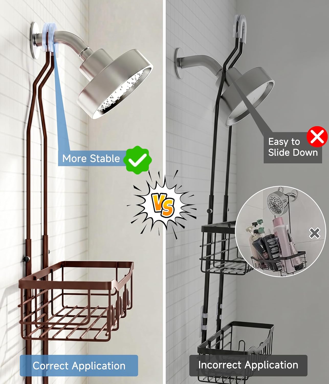 Upgraded Extended Length Shower Organizer with Hooks, Rustproof Shampoo Soap Holder, Large Hanging Bathroom Caddy