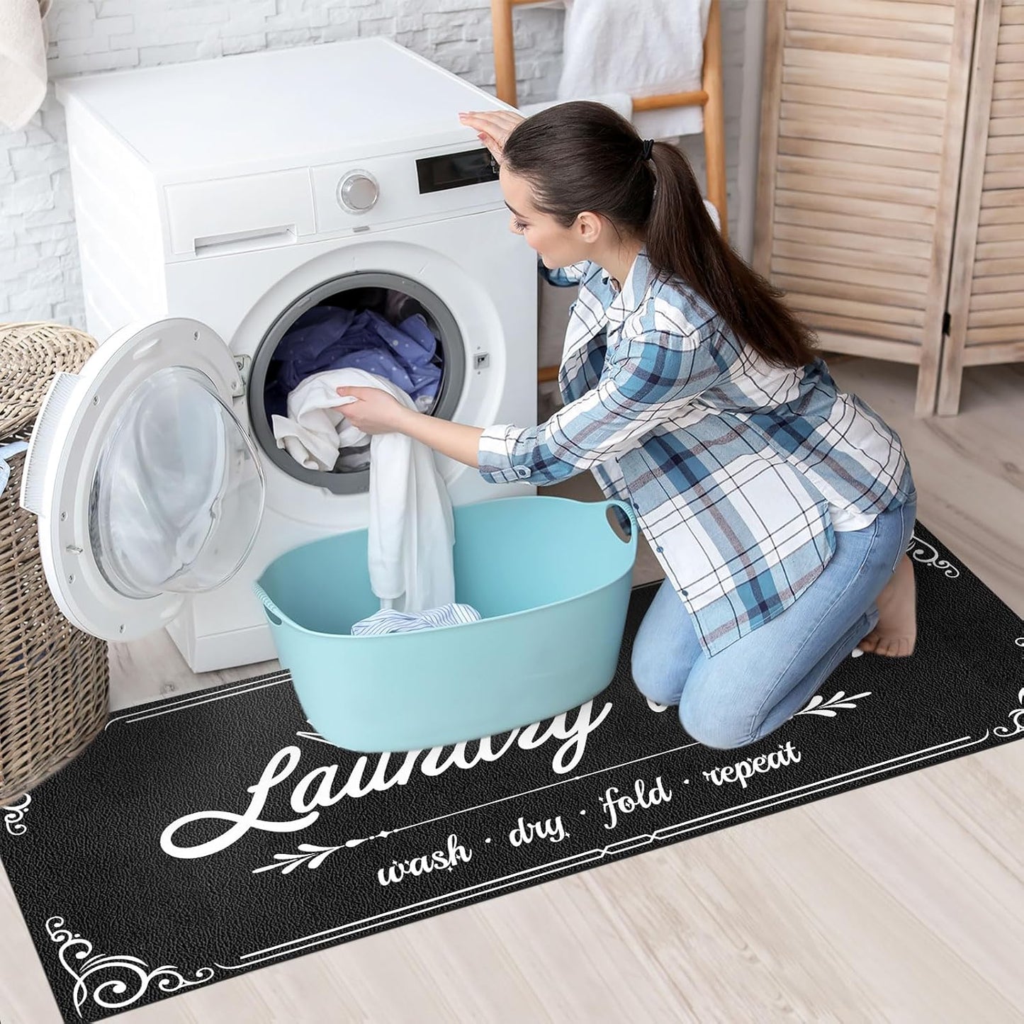 XLHOMO Laundry Room Rug Runner, 17"x60" Non Slip Black Nappa Leather Laundry Rugs, Farmhouse Washable Floor Laundry Mats for Laundry Room, Kitchen, Washroom, Bathroom, Mudroom, Hallway Entryway Decor
