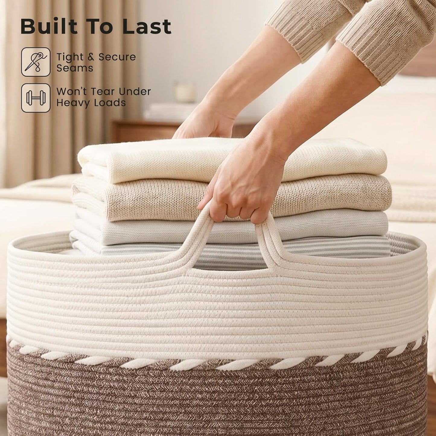 OIAHOMY 90L Extra Large Blanket Basket - Decorative Cotton Rope Storage Basket for Bedroom, Living Room & Nursery - Woven Laundry Hamper for Organizing Blankets, Clothes & Toys - Grey & White