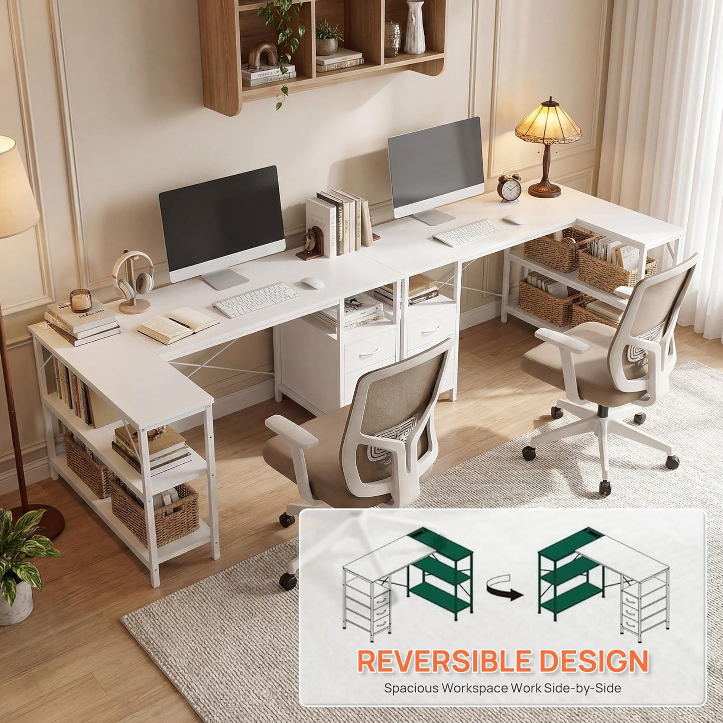 Alpen L Shaped Computer Desk, 47.2 Inch Corner Desk with Drawers and Power Outlets, Home Office Desk for Gaming, Study Writing PC Table with Storage and Reversible Shelf, White
