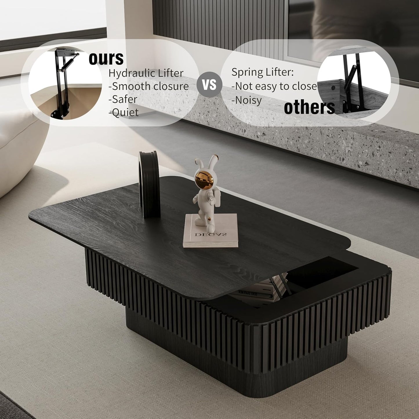 38.6'' Lift Top Coffee Table with Hidden Compartment, Modern Rectangular Fluted Wooden Center Table Cocktail Tea Table with Storage and Adjustable Height for Living Room Apartment, Black