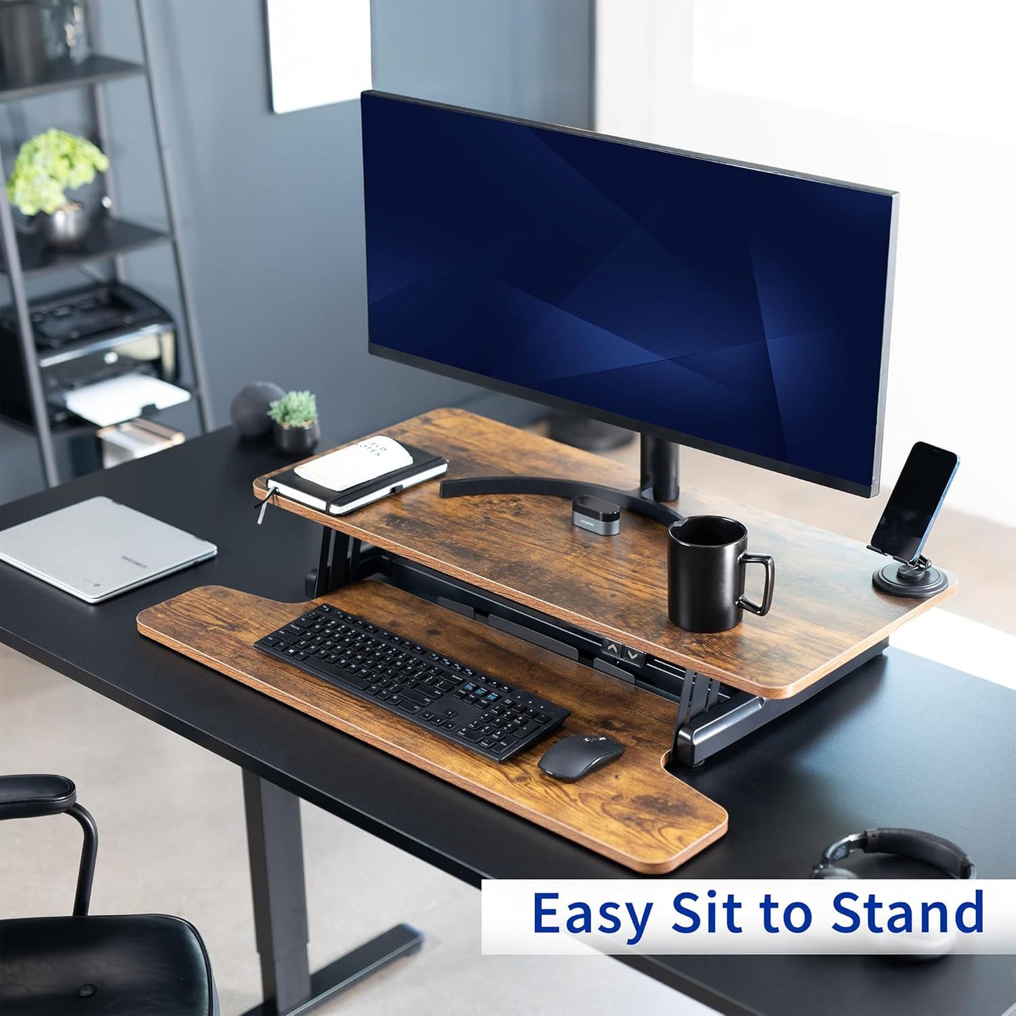VIVO 36 inch Electric Motor Desk Converter, Height Adjustable Riser, Sit to Stand Dual Monitor and Laptop Workstation with Wide Keyboard Tray, Vintage Brown, DESK-VE36N
