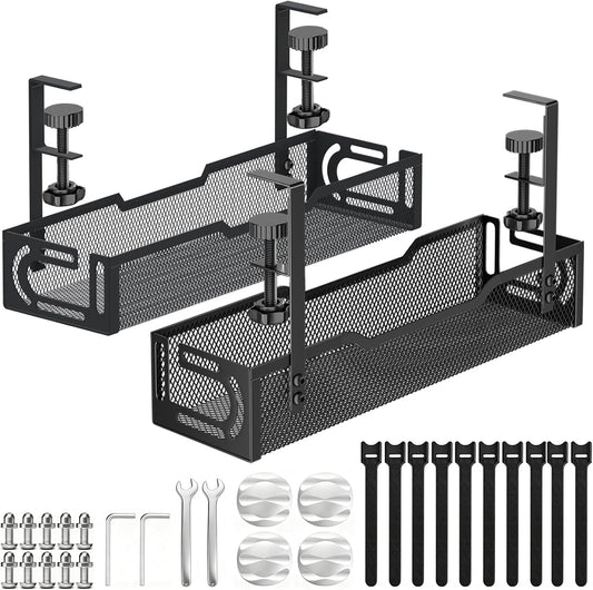 2Pack Under Desk Cable Management Tray, No Drill Mesh Desk Cable Tray | Wire Management Tray Cable Management Rack, Cord Organizer and Cable Management Box (Black)