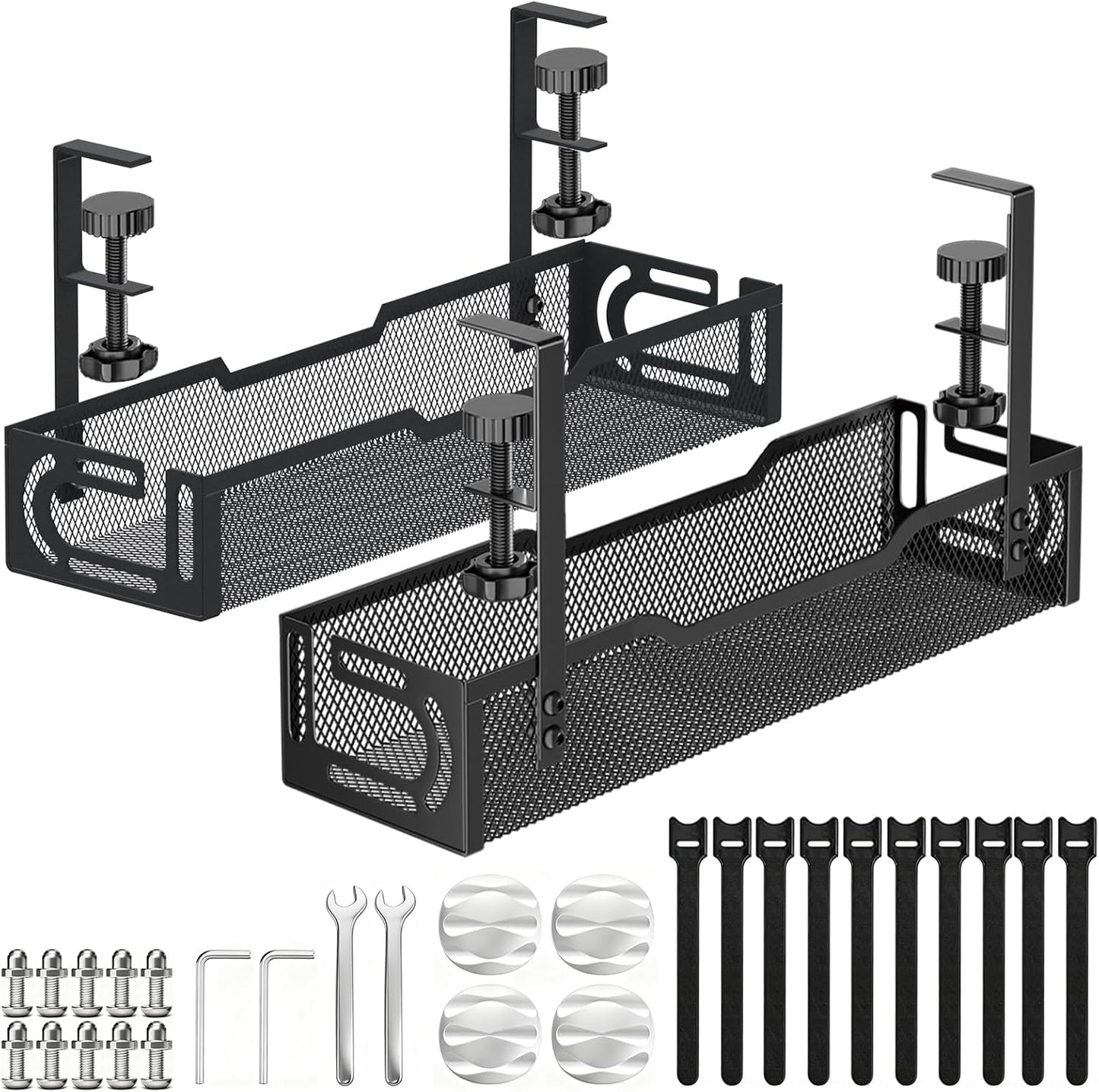 2Pack Under Desk Cable Management Tray, No Drill Mesh Desk Cable Tray | Wire Management Tray Cable Management Rack, Cord Organizer and Cable Management Box (White)