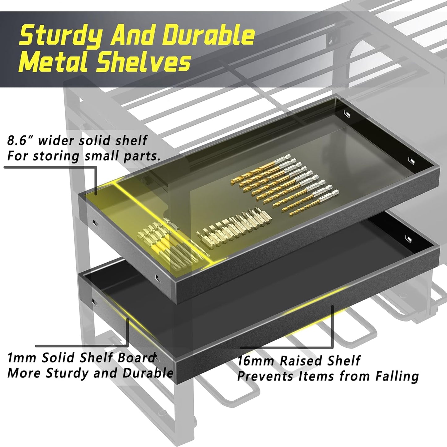 Power Tool Organizer Wall Mount,4 Layers Heavy Duty Storage Rack with 8 Drill Holder, Easy Installation, Tool Organizer Wall Mount for Garage Workshop and Home Organization.