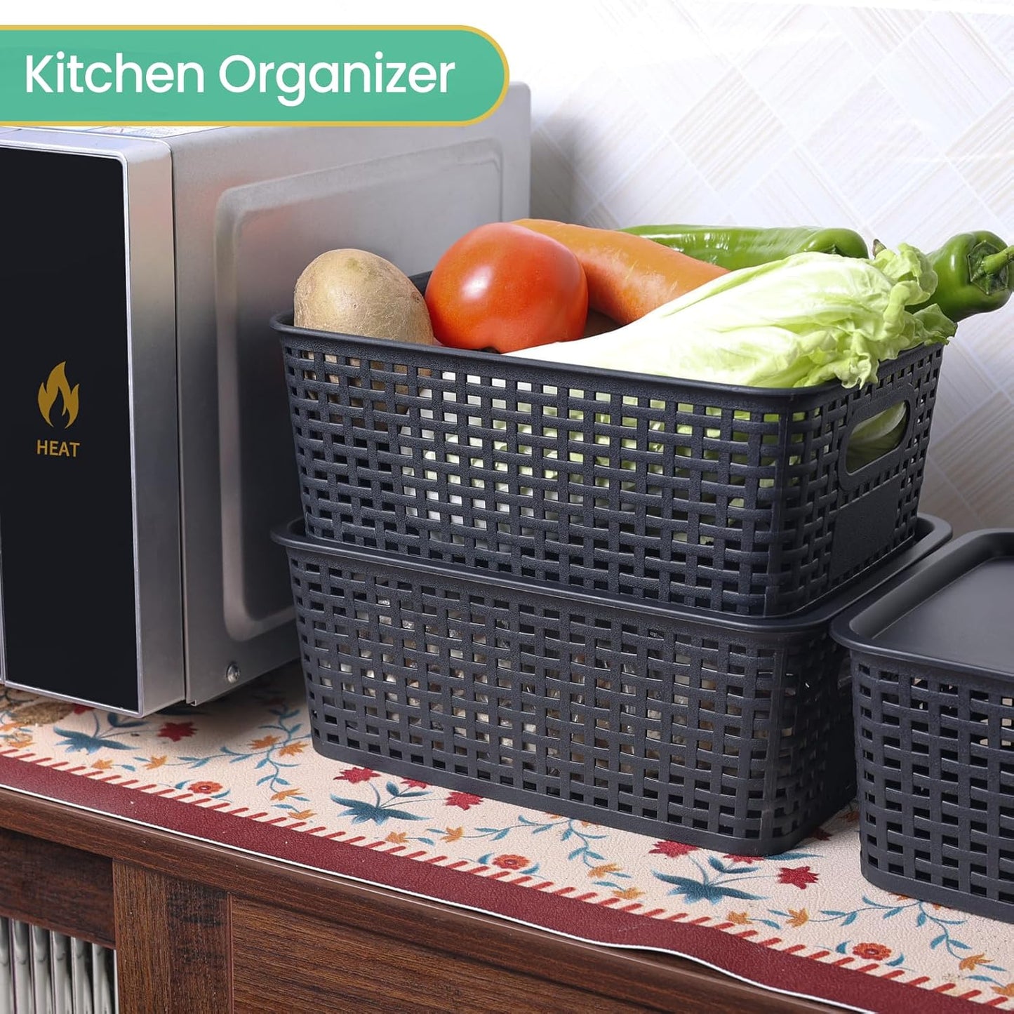 Ohmlove 8 Pack Plastic Storage Baskets with Lids for Organization | Stackable Storage bins, Storages Baskets for Organizing Shelves Drawers Desktop Closet Playroom Classroom Office, Black