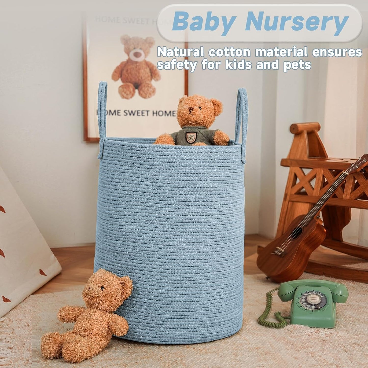JMvicyroam Large Woven Laundry Basket Hamper,60L Cotton Rope Storage Bin for Blankets,Toys and Clothes,Decorative Tall Nursery Hamper for Living Room,Baby Nursery,Bathroom and Bedroom,Blue