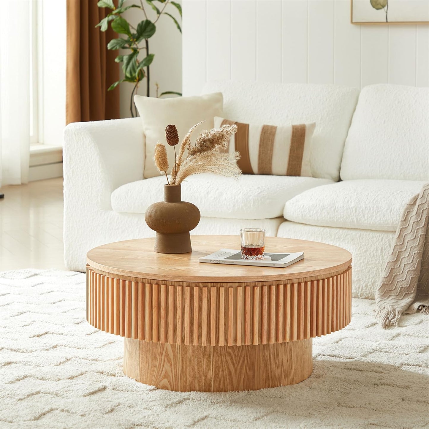 Round Coffee Table for Living Room,Fluted Drum Accent Tea Center Table with Storage,Circle Modern Coffee Tables for Small Space Office Apartment (31.5" L×31.5''W×14''H-Natural)