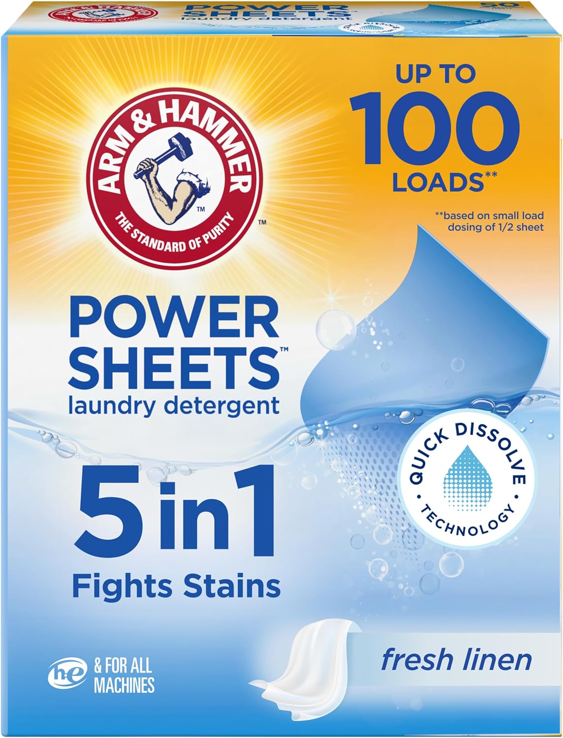 Arm & Hammer Power Sheets Laundry Detergent, Fresh Linen 50ct, up to 100 Small Loads (Packaging may vary)
