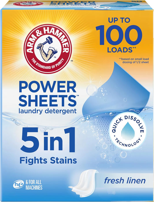 Arm & Hammer Power Sheets Laundry Detergent, Fresh Linen 50ct, up to 100 Small Loads (Packaging may vary)