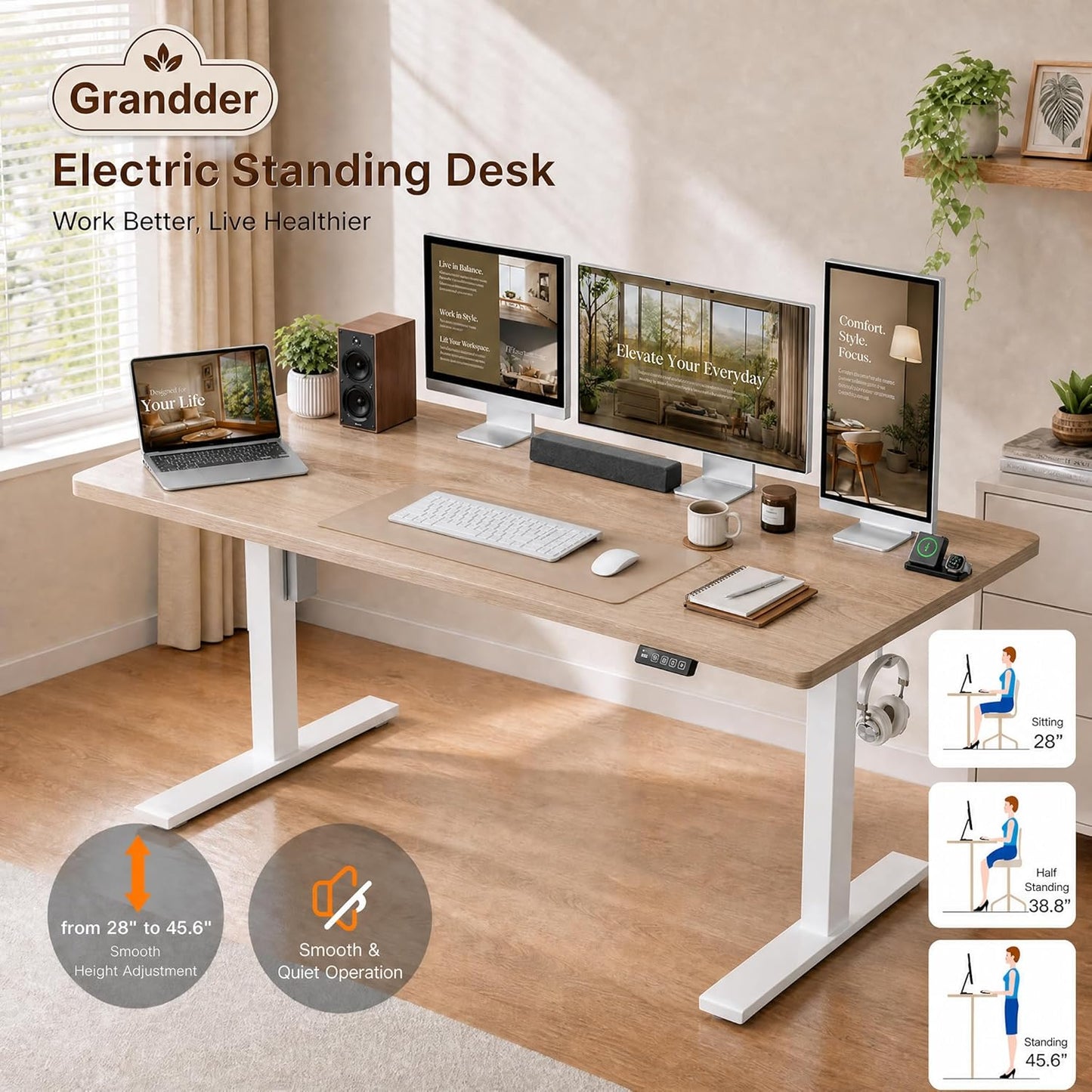 Grandder 47x32 Large Electric Standing Desk, Height Adjustable Computer Desk with 2 Memory Presets, 31.5" Deep Desktop Sit Stand Desk Home Office Desk Workstation Table with Hooks, Maple