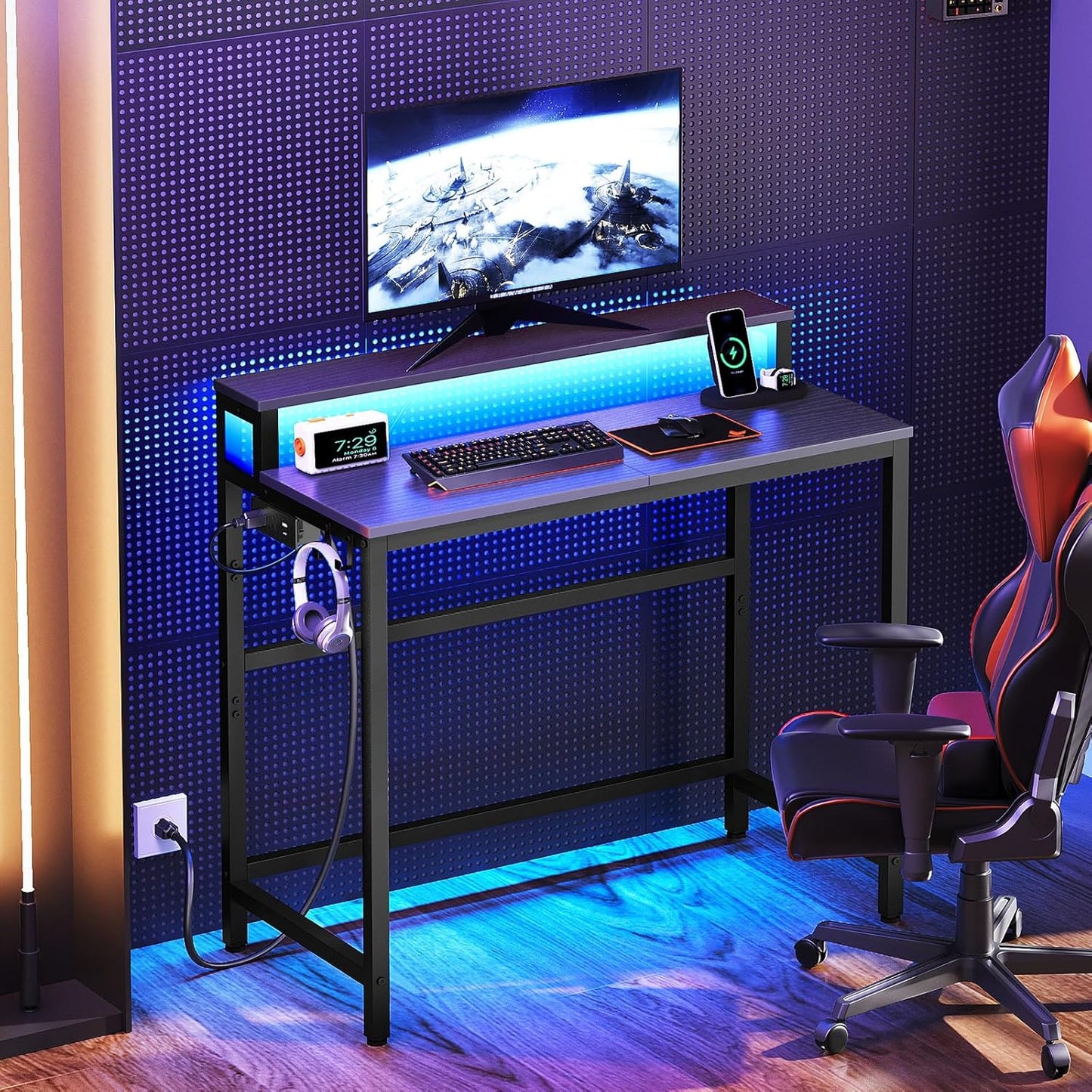 YATINEY Small Computer Desk with Charging Station and LED Lights, Gaming Desk with Monitor Stand, 2-Tier Home Office Desk with 4 Side Hooks, for Living Room, Home Office, Black DN01UDBBY2