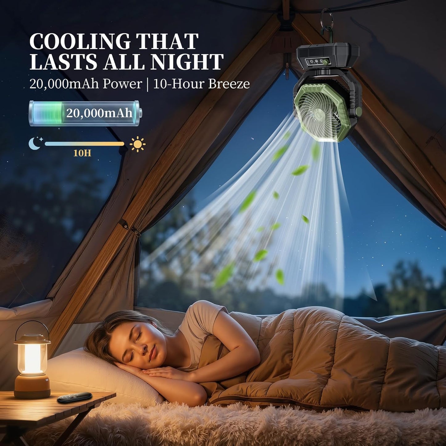 AJVV Camping Fan, Oscillating Battery Powered Portable Rechargeable Hanging Tent Fan with Light and Remote for Camp, Outdoor, Emergency Power Outage, Fishing, RV Travel, Green