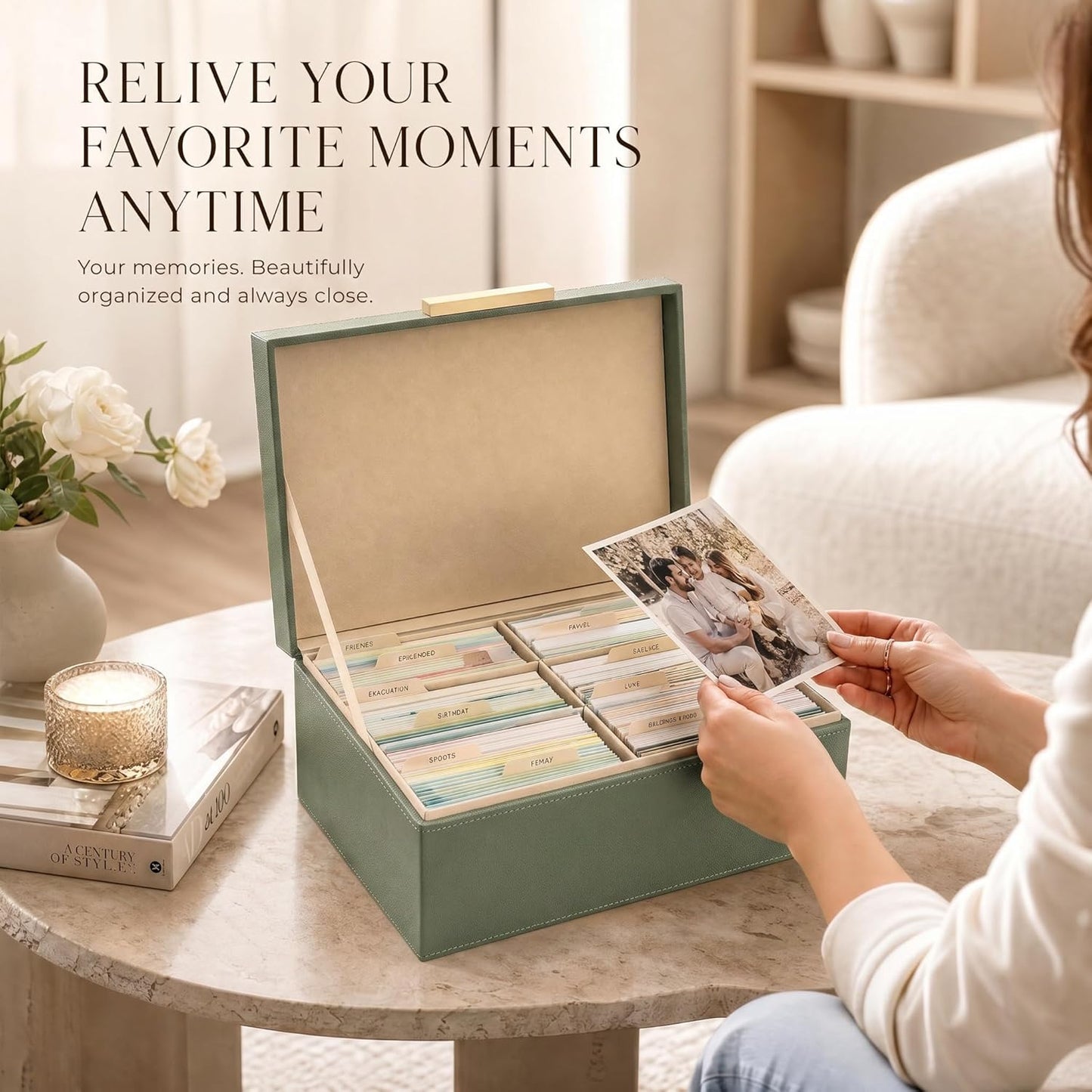 ZICOTO Decorative Photo Storage Box - Sturdy PU Leather Photo Organizer with Dividers is Perfect to Store Up to 1200 Pictures and 4x6 Photos - Portable Scrapbook Storage Containers with Lid
