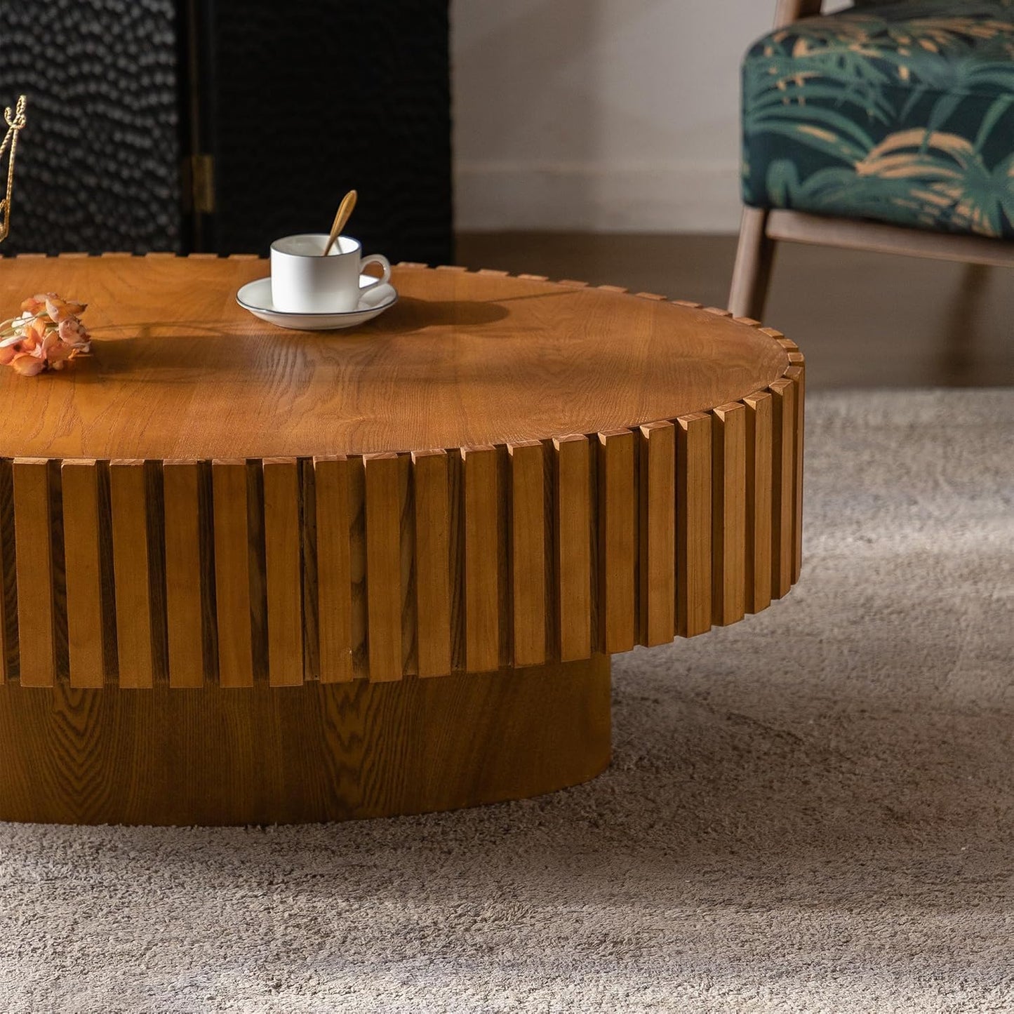 Oval Fluted Coffee Table (Oval Wood 43.3in) | Drum Coffee Tables for Living Room | Modern Pedestal Center Table