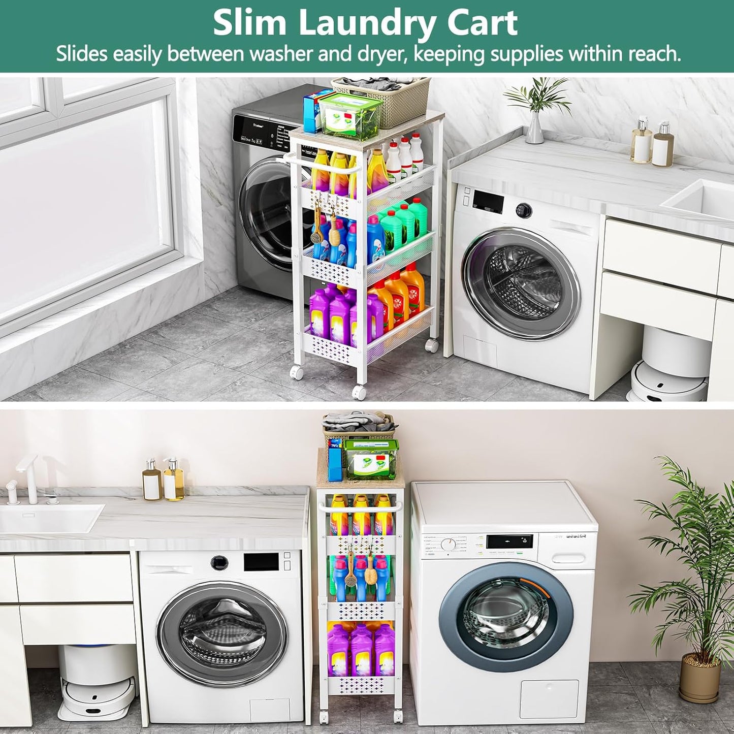 Vivihomety Utility Slim Storage Cart with Wheels, 4 Tier Small Rolling Cart with Wood Top, Metal Kitchen Bathroom Laundry Room Organization Trolley with Handle for Narrow Space - White