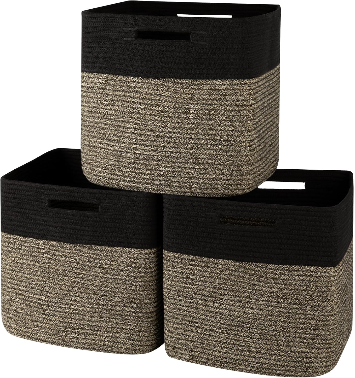 OIAHOMY 13 Inch Cube Storage Bins, 3-Pack Cotton Rope Woven Baskets for Organizing, Insert Storage Baskets for Shelves, Baby Nursery, Closet Organizer, 13 * 13 * 12.6IN, Brown & White