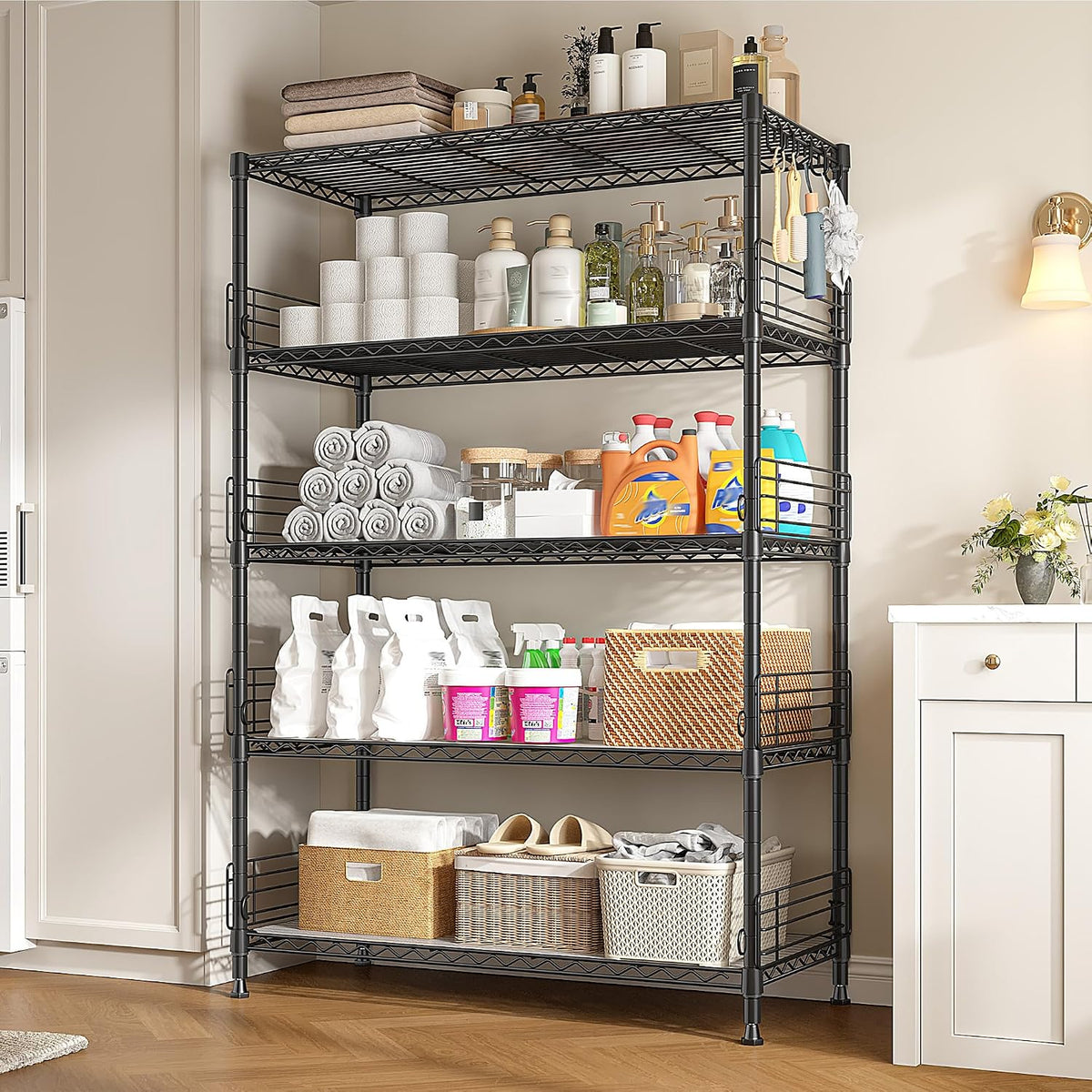 DurayLoly Adjustable Wire Shelving, 5 Hooks & 8 Blockers, Shelf for Kitchen
